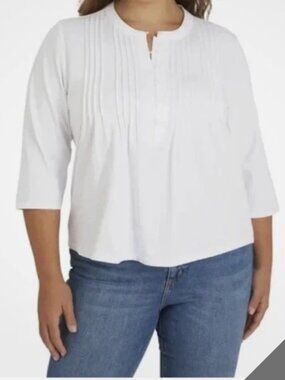 Lands' End White 3/4 Sleeve Button Front Pintuck Top - Size XL